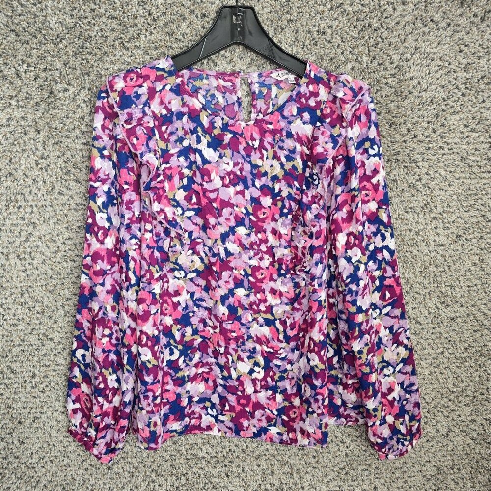Nanette Lepore Top Womens Medium‎ Purple Printed Sheer Ruffle Blouse Ladies